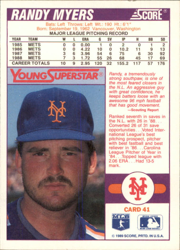 1989 Score Young Superstars I #41 Randy Myers back image