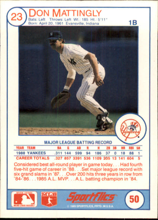 1989 Sportflics #50 Don Mattingly back image