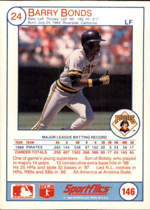 1989 Sportflics #146 Barry Bonds back image