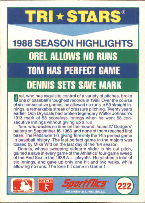 1989 Sportflics #222 Orel Hershiser/Dennis Eckersley/Tom Browning back image