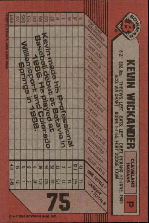 1989 Bowman #75 Kevin Wickander back image