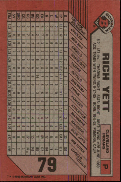 1989 Bowman #79 Rich Yett back image
