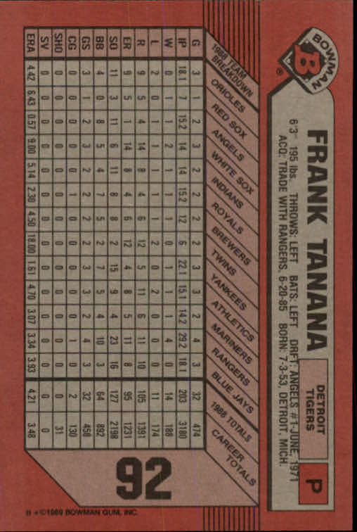 1989 Bowman #92 Frank Tanana back image