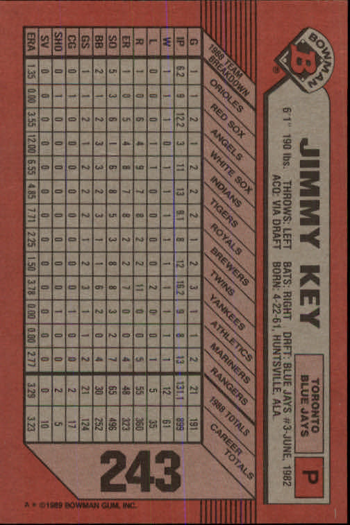 1989 Bowman #243 Jimmy Key back image