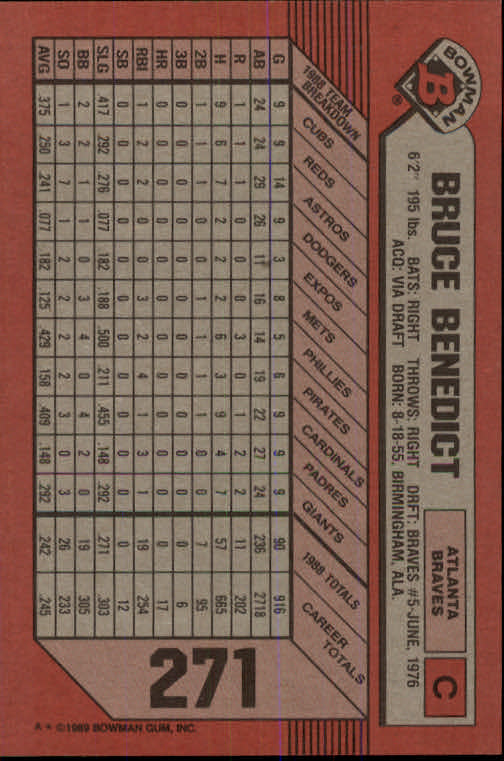 1989 Bowman #271 Bruce Benedict back image