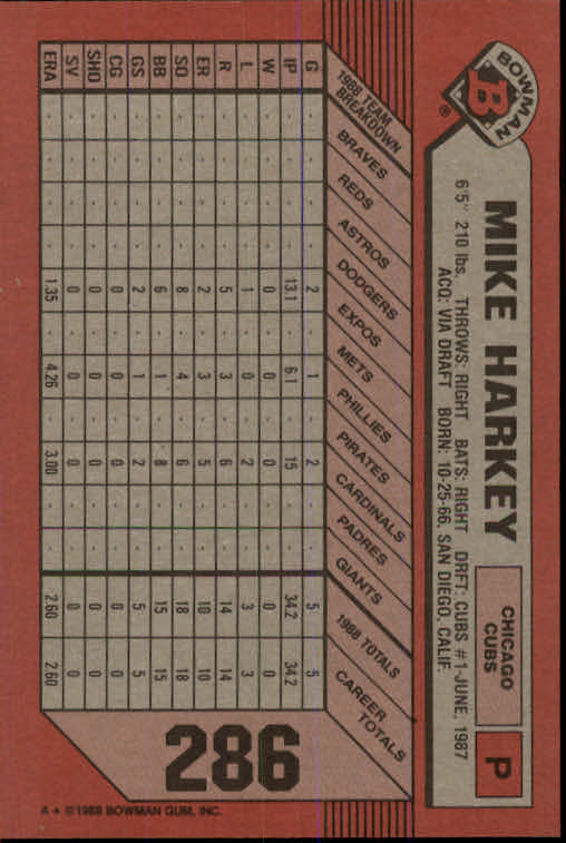 1989 Bowman #286 Mike Harkey RC back image