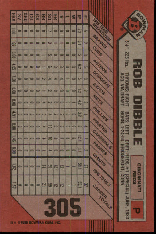1989 Bowman #305 Rob Dibble RC back image