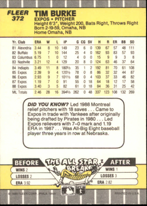 1989 Fleer #372 Tim Burke back image