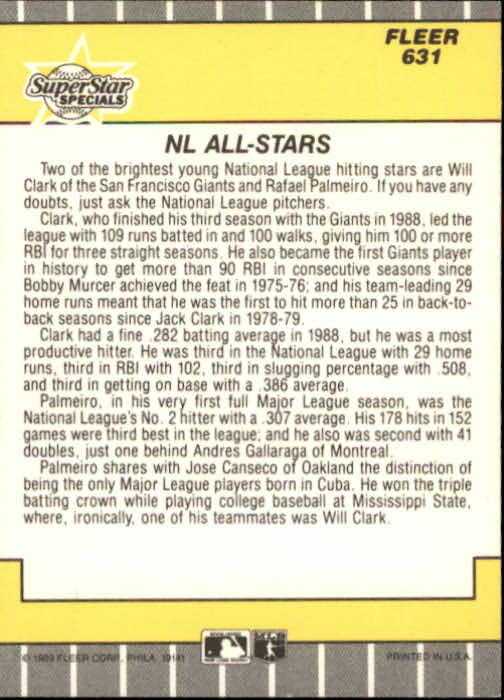 1989 Fleer #631 Will Clark/Rafael Palmeiro UER/Gallaraga, sic;/Clark 3 consecutive/100 RBI seasons;/third with 102 RBI's back image
