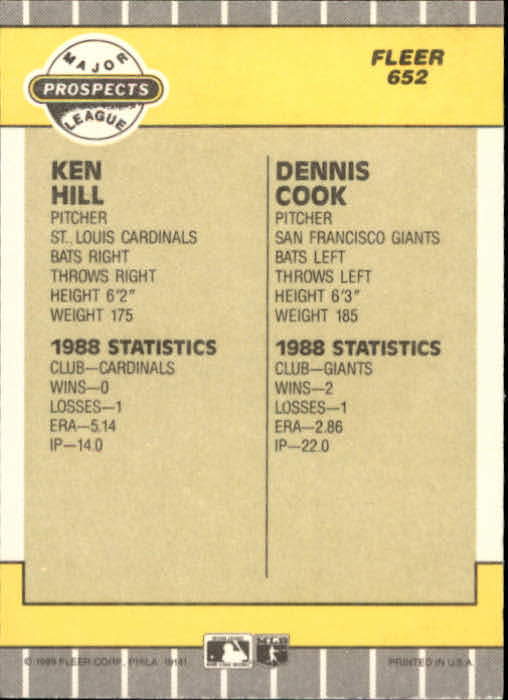 1989 Fleer #652 Ken Hill RC/Dennis Cook back image