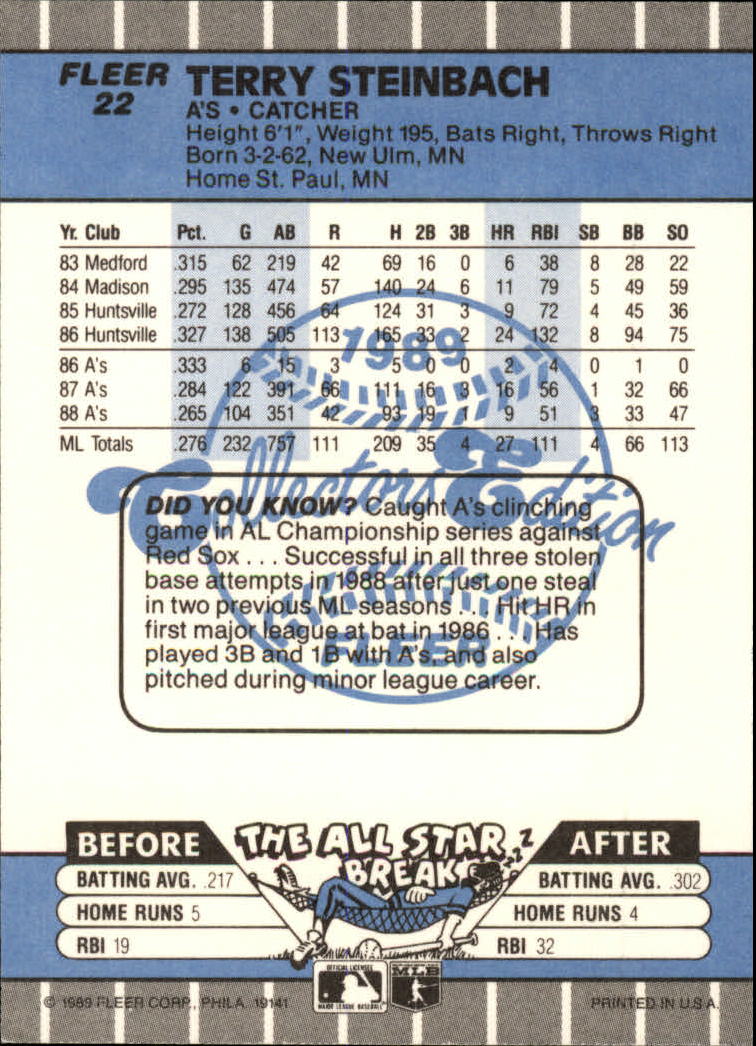 1989 Fleer Glossy #22 Terry Steinbach back image