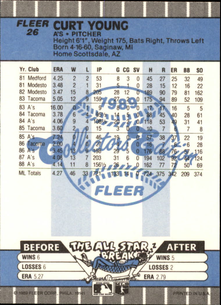 1989 Fleer Glossy #26 Curt Young back image