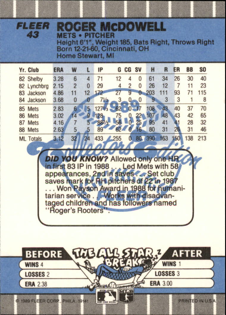 1989 Fleer Glossy #43 Roger McDowell UER back image