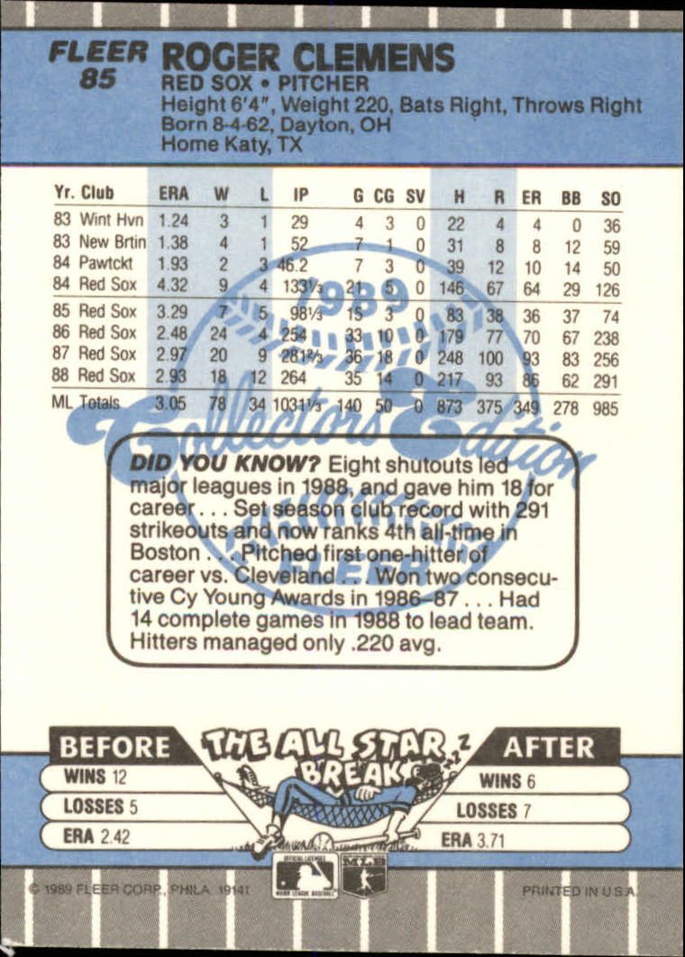 1989 Fleer Glossy #85 Roger Clemens back image