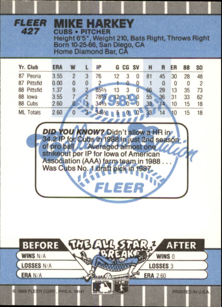 1989 Fleer Glossy #427 Mike Harkey back image