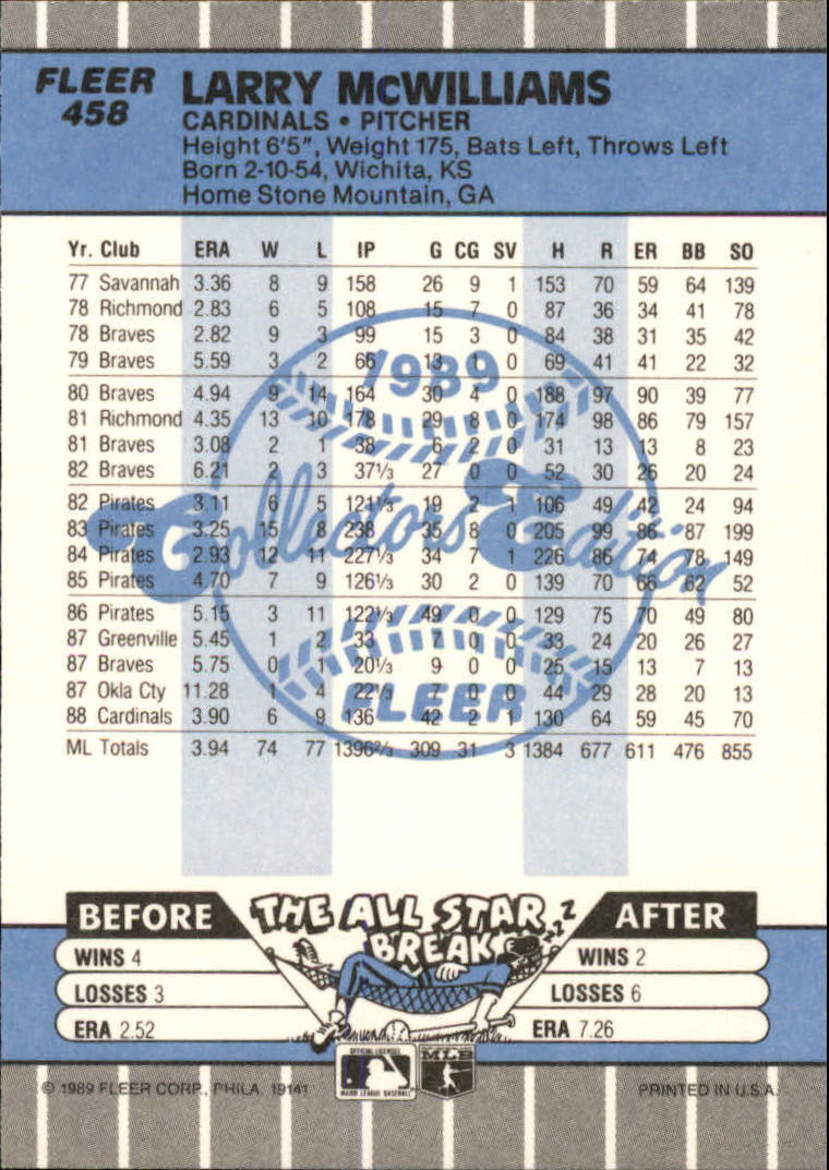 1989 Fleer Glossy #458 Larry McWilliams back image
