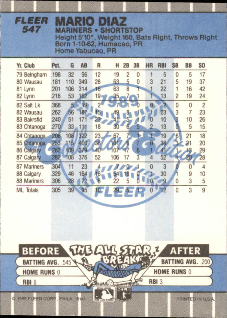 1989 Fleer Glossy #547 Mario Diaz back image