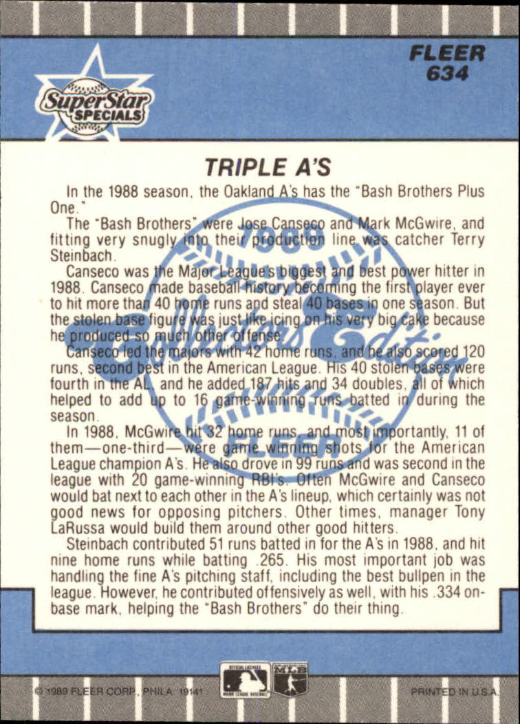 1989 Fleer Glossy #634 McGwire/Canseco/Steinb back image