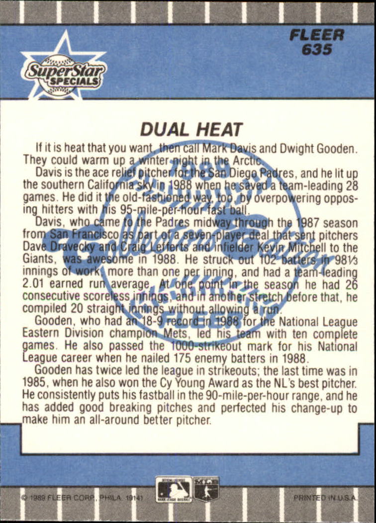 1989 Fleer Glossy #635 Dual Heat/Mark Davis/Dwight Gooden back image