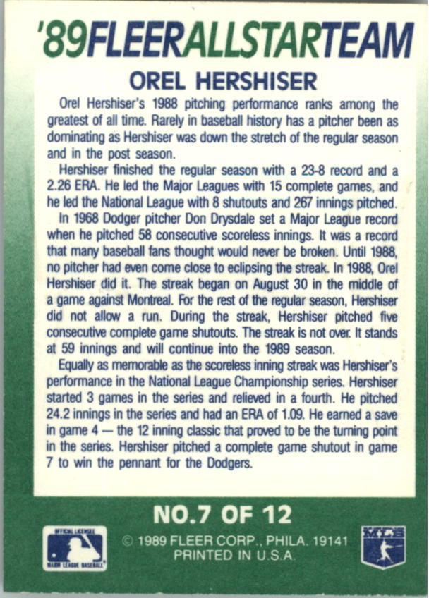1989 Fleer All-Stars #7 Orel Hershiser back image