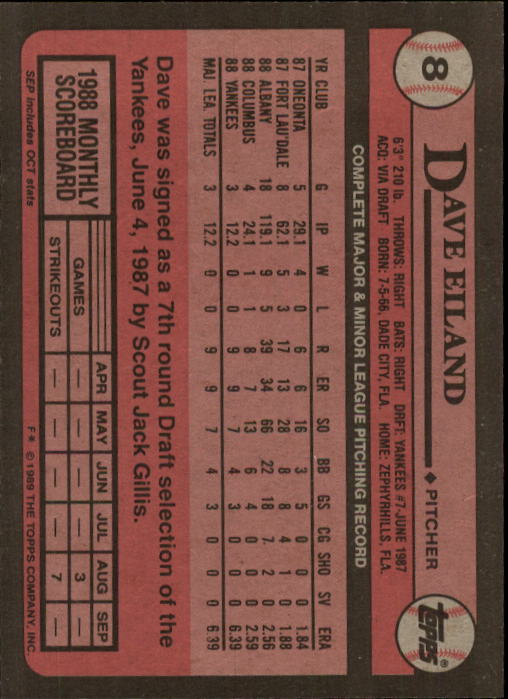 1989 Topps #8 Dave Eiland back image