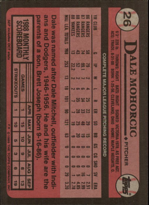 1989 Topps #26 Dale Mohorcic back image
