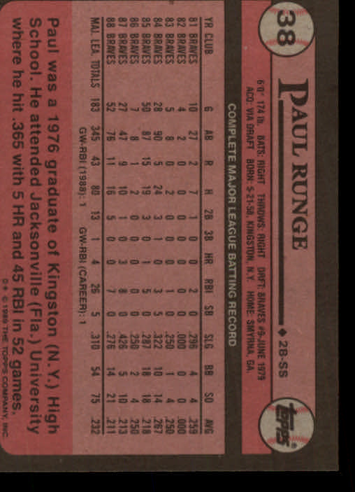 1989 Topps #38 Paul Runge back image