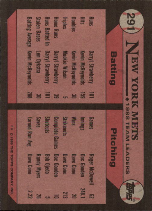 1989 Topps #291 Darryl Strawberry/Keith Hernandez/Kevin McReynolds TL back image