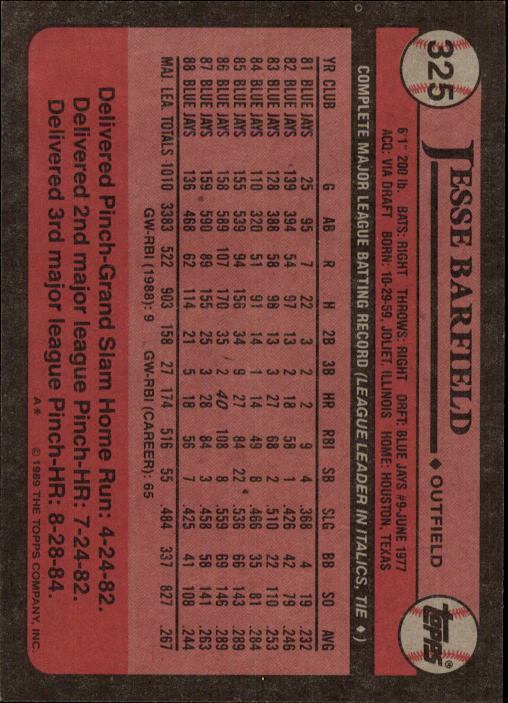 1989 Topps #325 Jesse Barfield back image