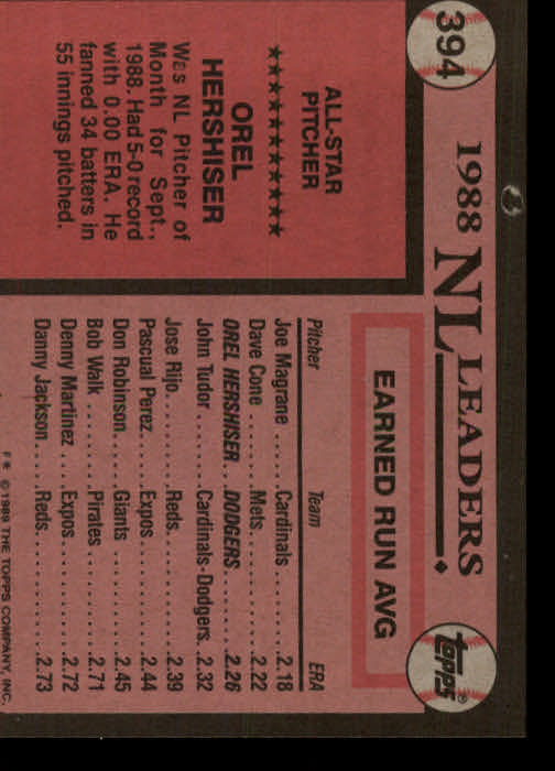1989 Topps #394 Orel Hershiser AS back image