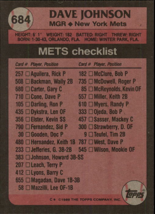 1989 Topps #684 Dave Johnson MG back image