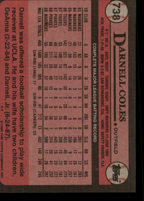 1989 Topps #738 Darnell Coles back image