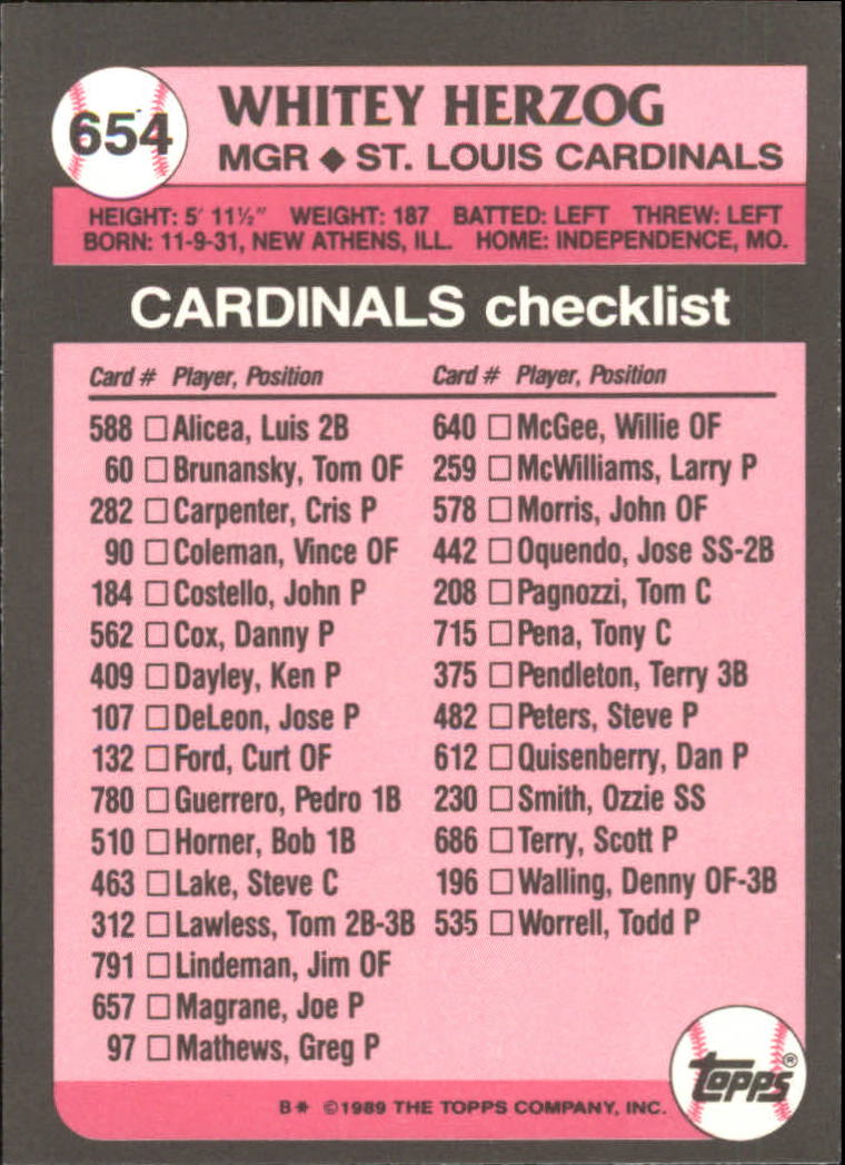 1989 Topps Tiffany #654 Whitey Herzog MG/(Team checklist back) back image
