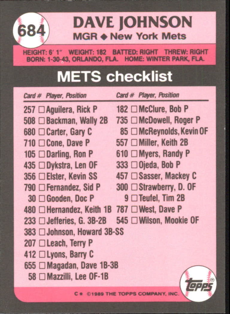 1989 Topps Tiffany #684 Dave Johnson MG/(Team checklist back) back image
