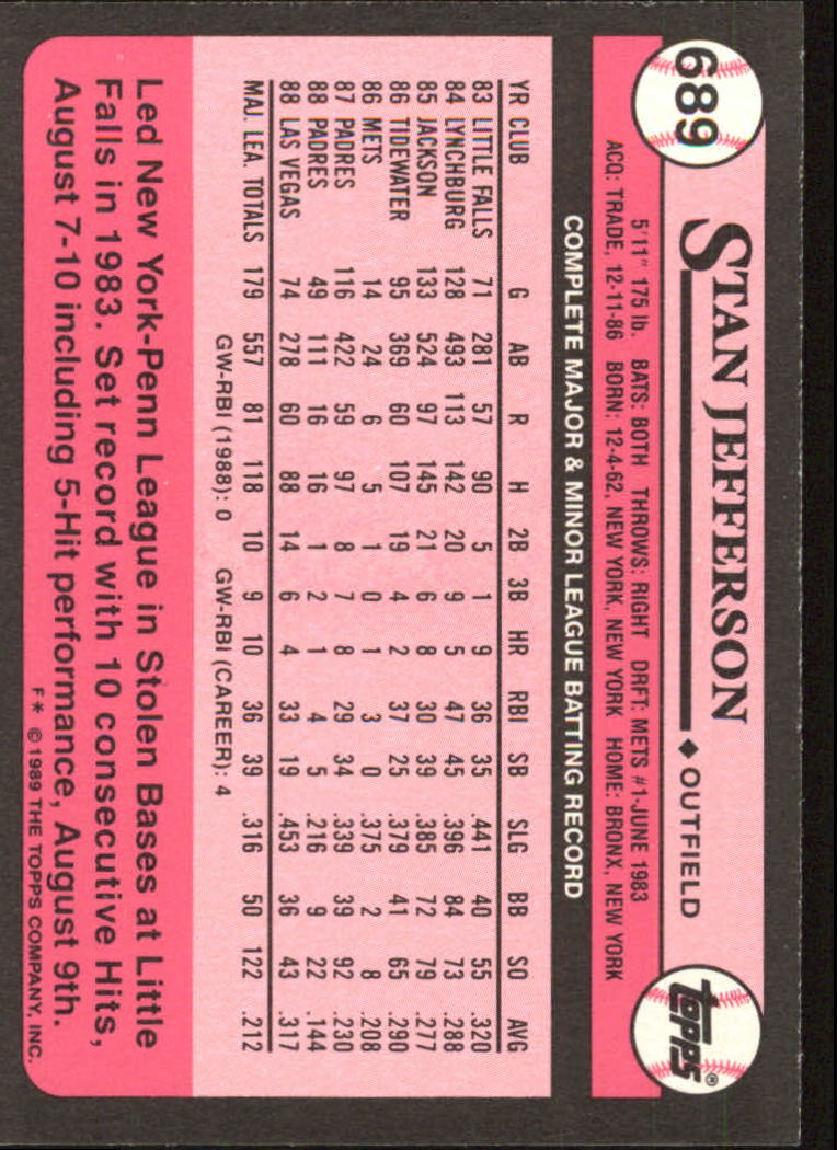1989 Topps Tiffany #689 Stan Jefferson/(Violet triangle on/front bottom back image