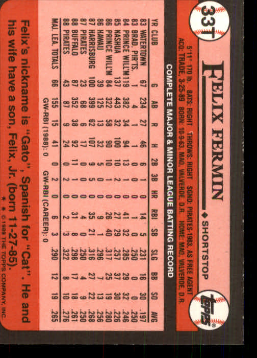 1989 Topps Traded #33T Felix Fermin back image