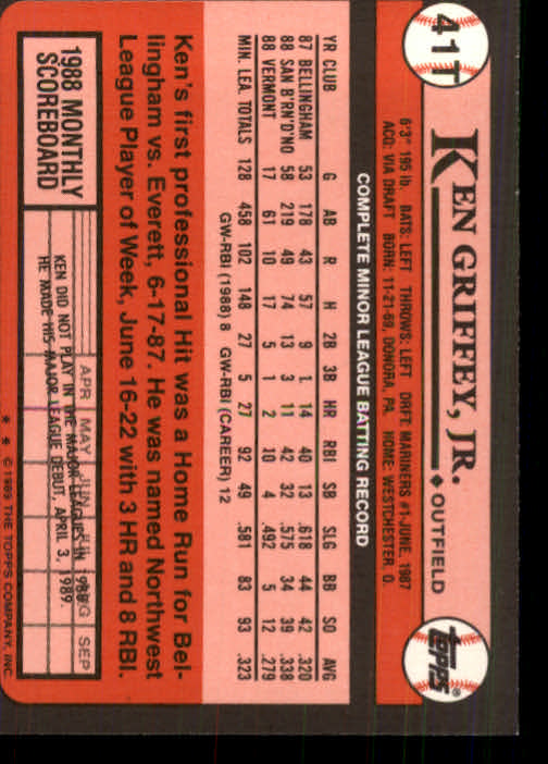 1989 Topps Traded #41T Ken Griffey Jr. RC back image