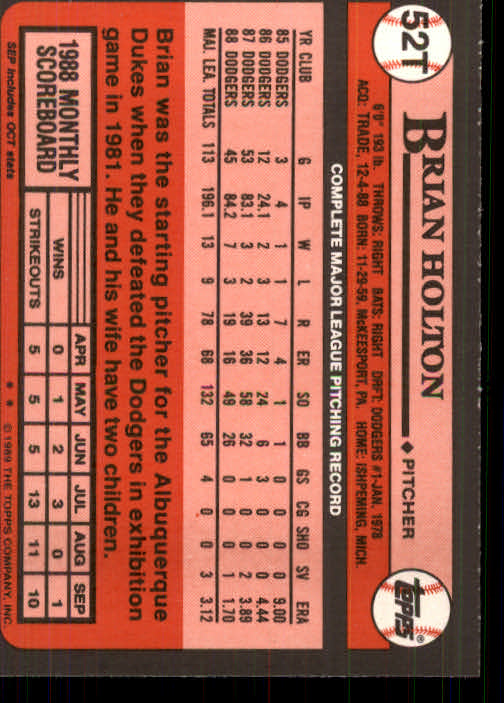 1989 Topps Traded #52T Brian Holton back image