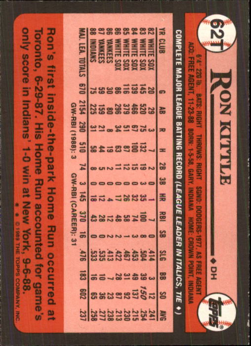 1989 Topps Traded #62T Ron Kittle back image