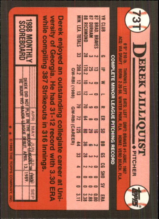 1989 Topps Traded #73T Derek Lilliquist RC back image