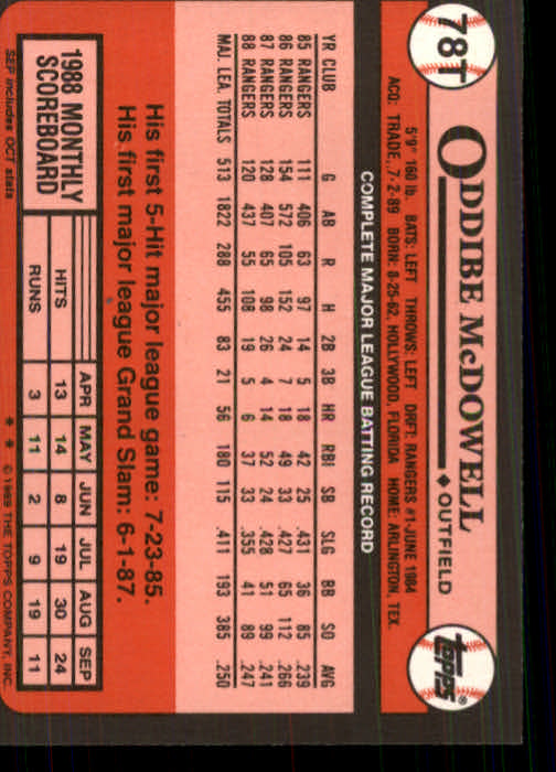 1989 Topps Traded #78T Oddibe McDowell back image