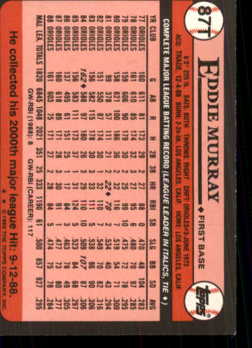 1989 Topps Traded #87T Eddie Murray back image