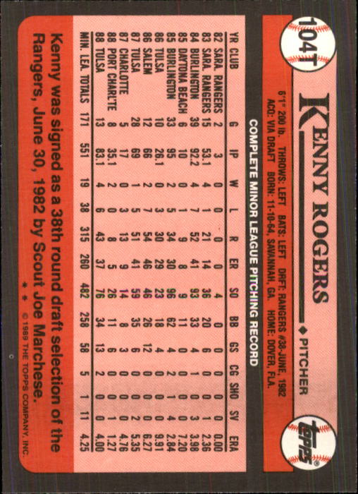 1989 Topps Traded #104T Kenny Rogers RC back image