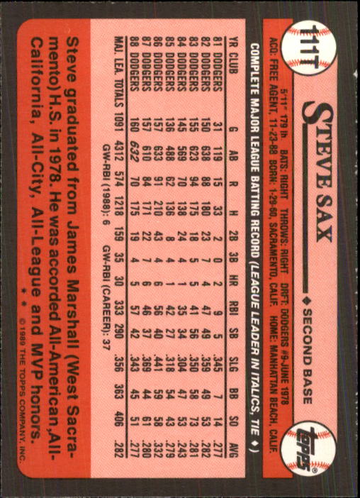 1989 Topps Traded #111T Steve Sax back image