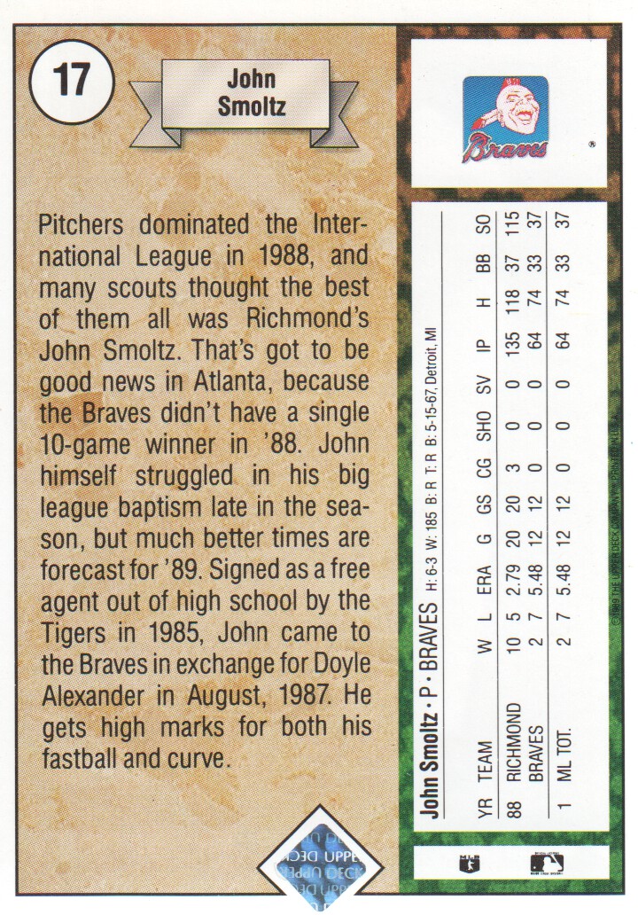 1989 Upper Deck #17 John Smoltz RC back image