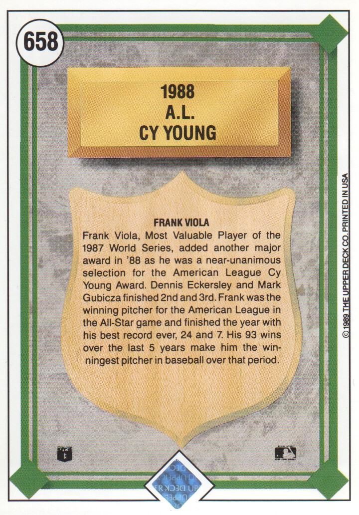 1989 Upper Deck #658 Frank Viola AL CY back image