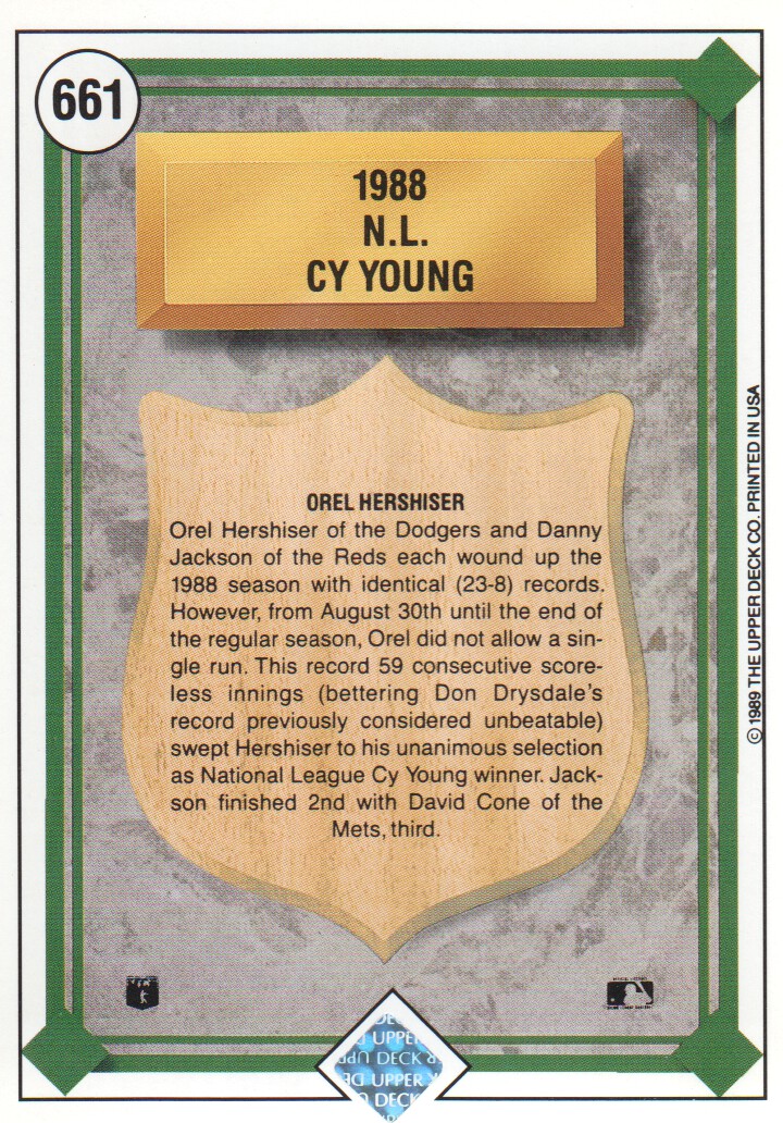 1989 Upper Deck #661 Orel Hershiser NL CY back image