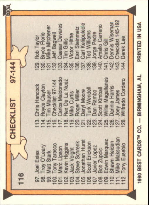 1990 Best #116 Checklist (97-144) back image