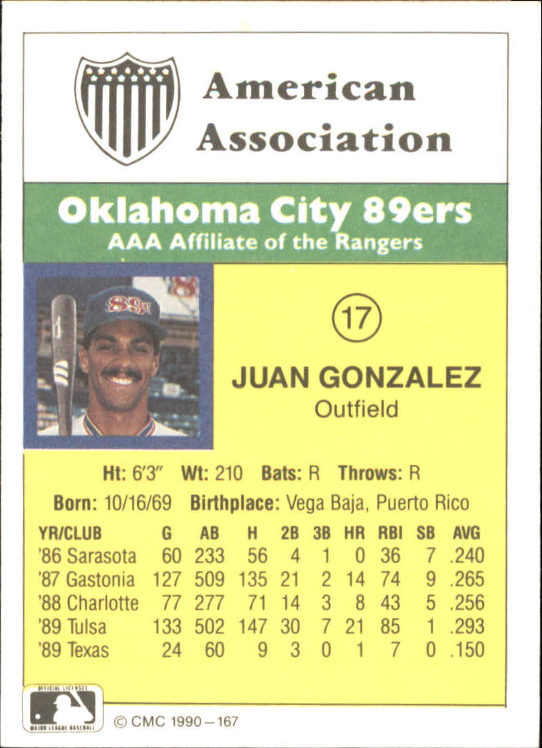 1990 CMC #167 Juan Gonzalez back image