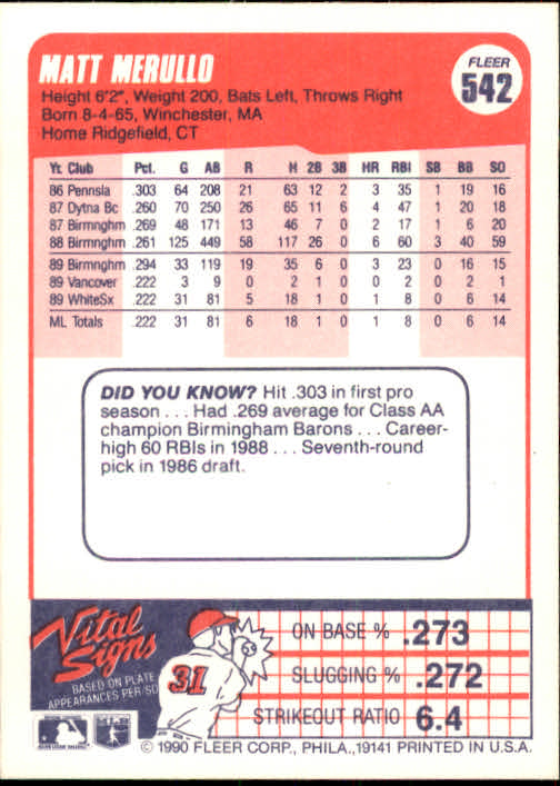 1990 Fleer #542 Matt Merullo/Had 5 ML runs scored/entering '90, not 6 back image